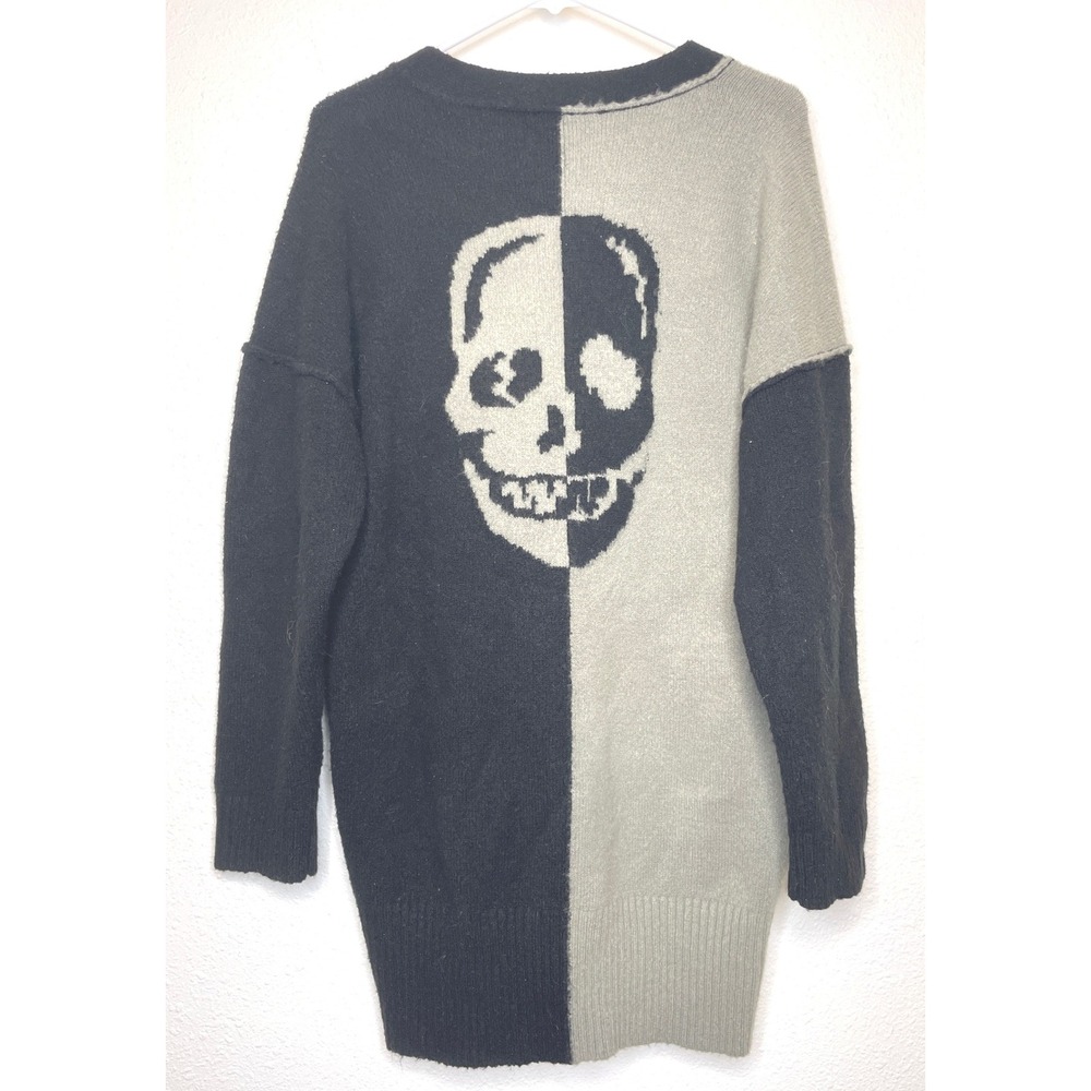 Women Skull Goth Cardigan Color Block V-Neck Large Black Grey